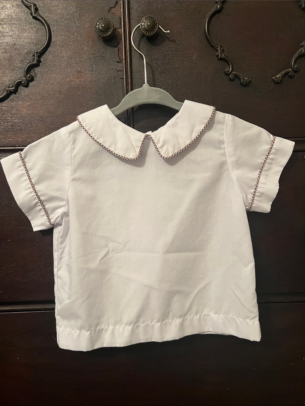 Classic White Peter Pan Collar Kids Shirt with Brown Contrast Stitching